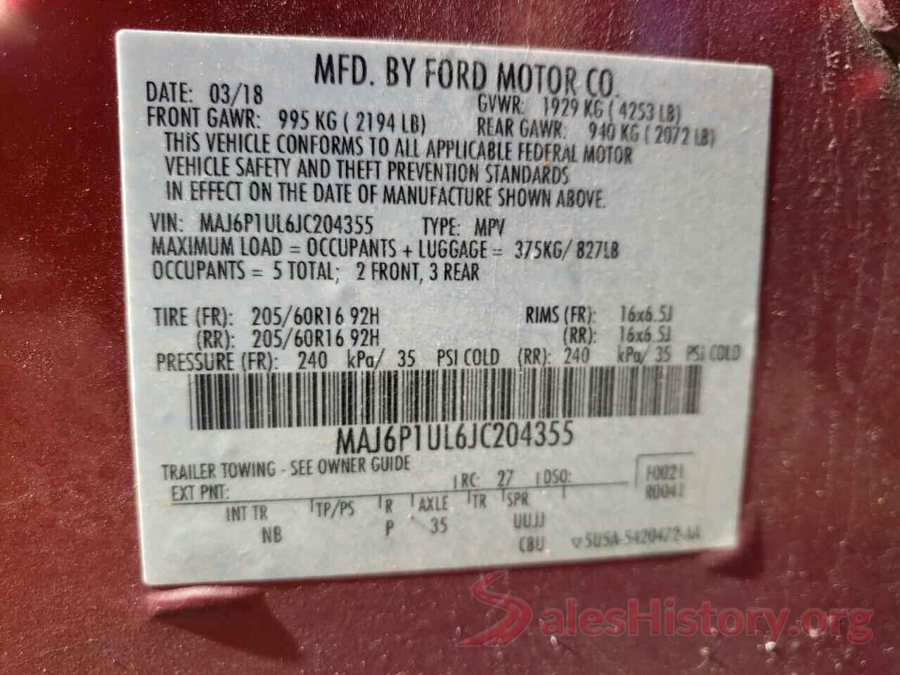 MAJ6P1UL6JC204355 2018 FORD ECOSPORT