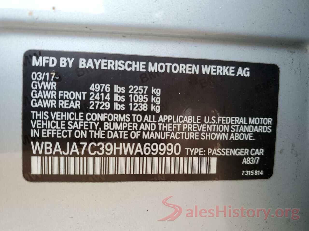 WBAJA7C39HWA69990 2017 BMW 5 SERIES