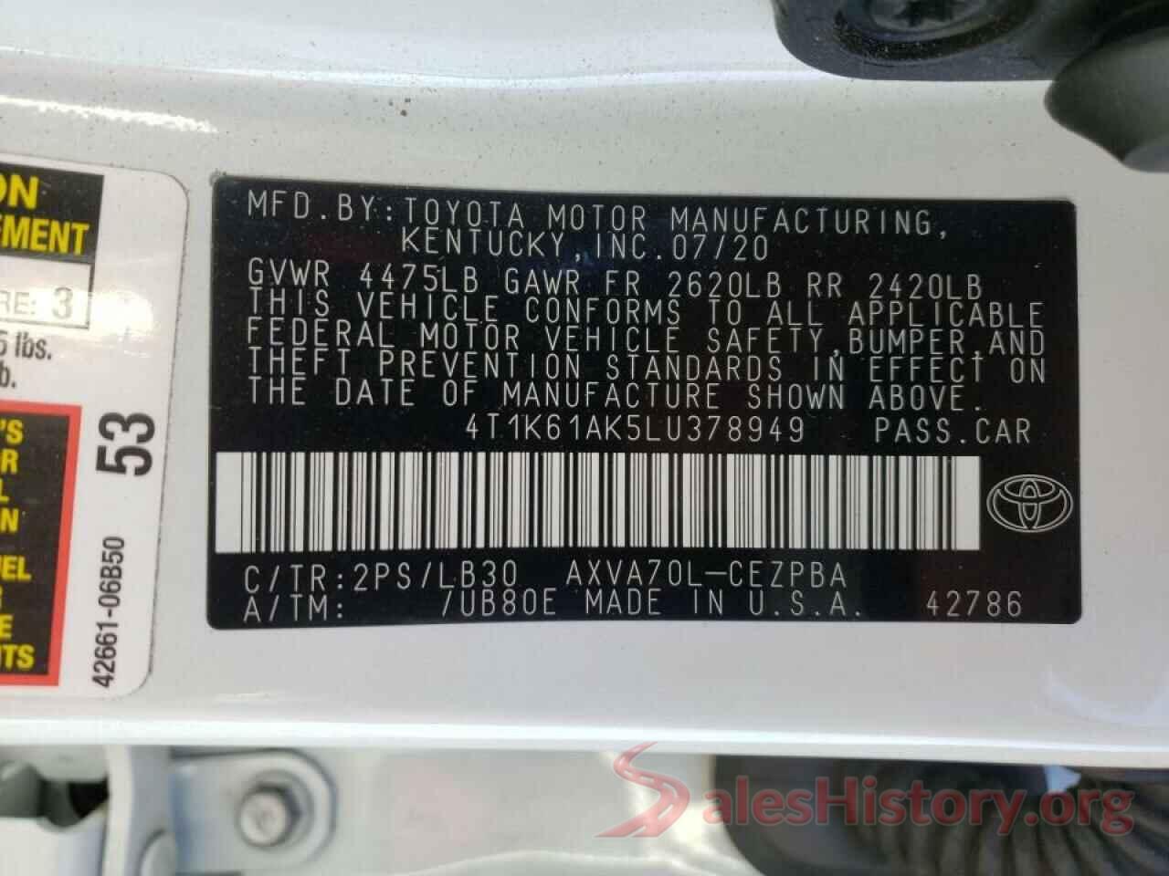 4T1K61AK5LU378949 2020 TOYOTA CAMRY