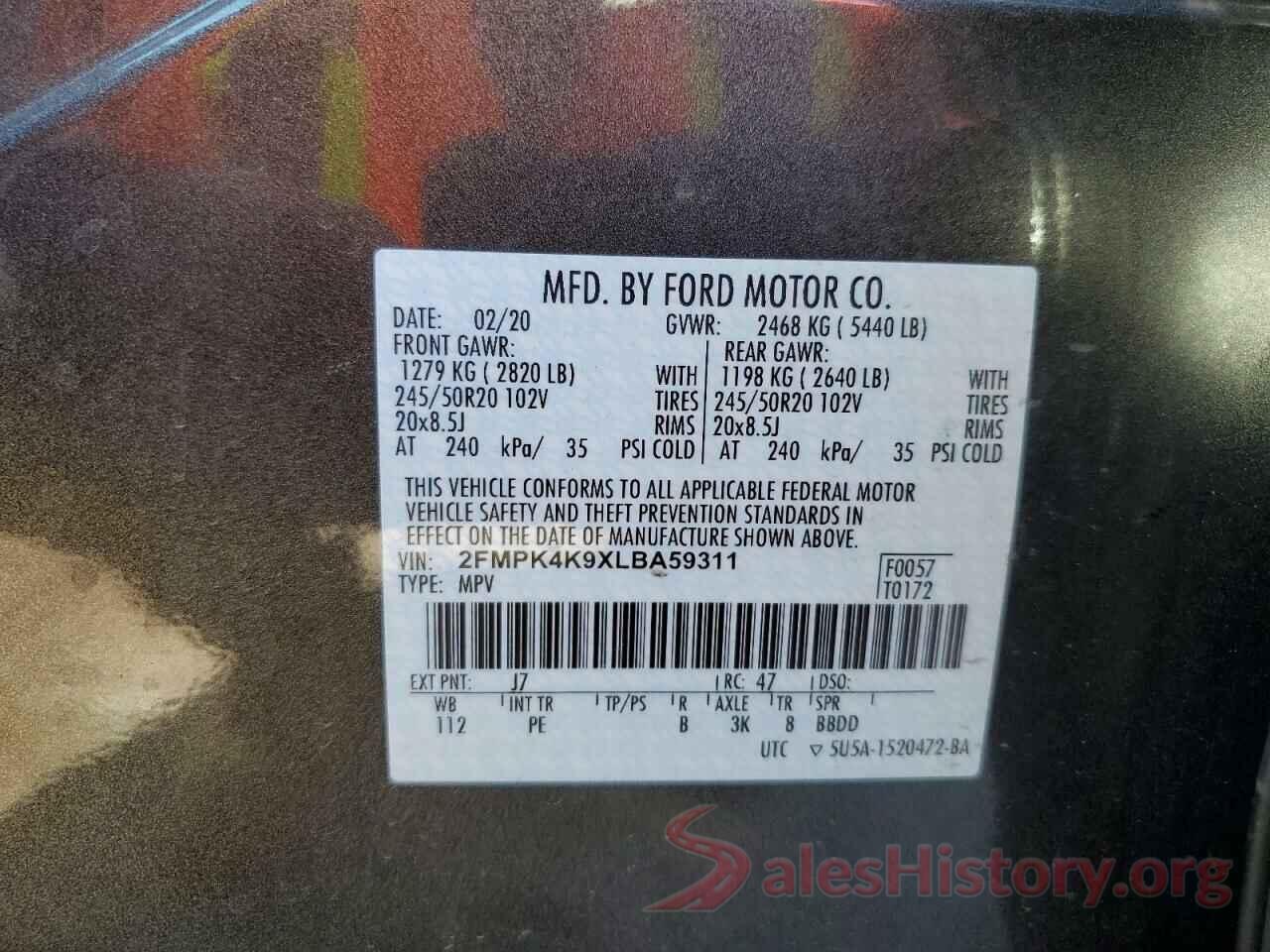 2FMPK4K9XLBA59311 2020 FORD EDGE