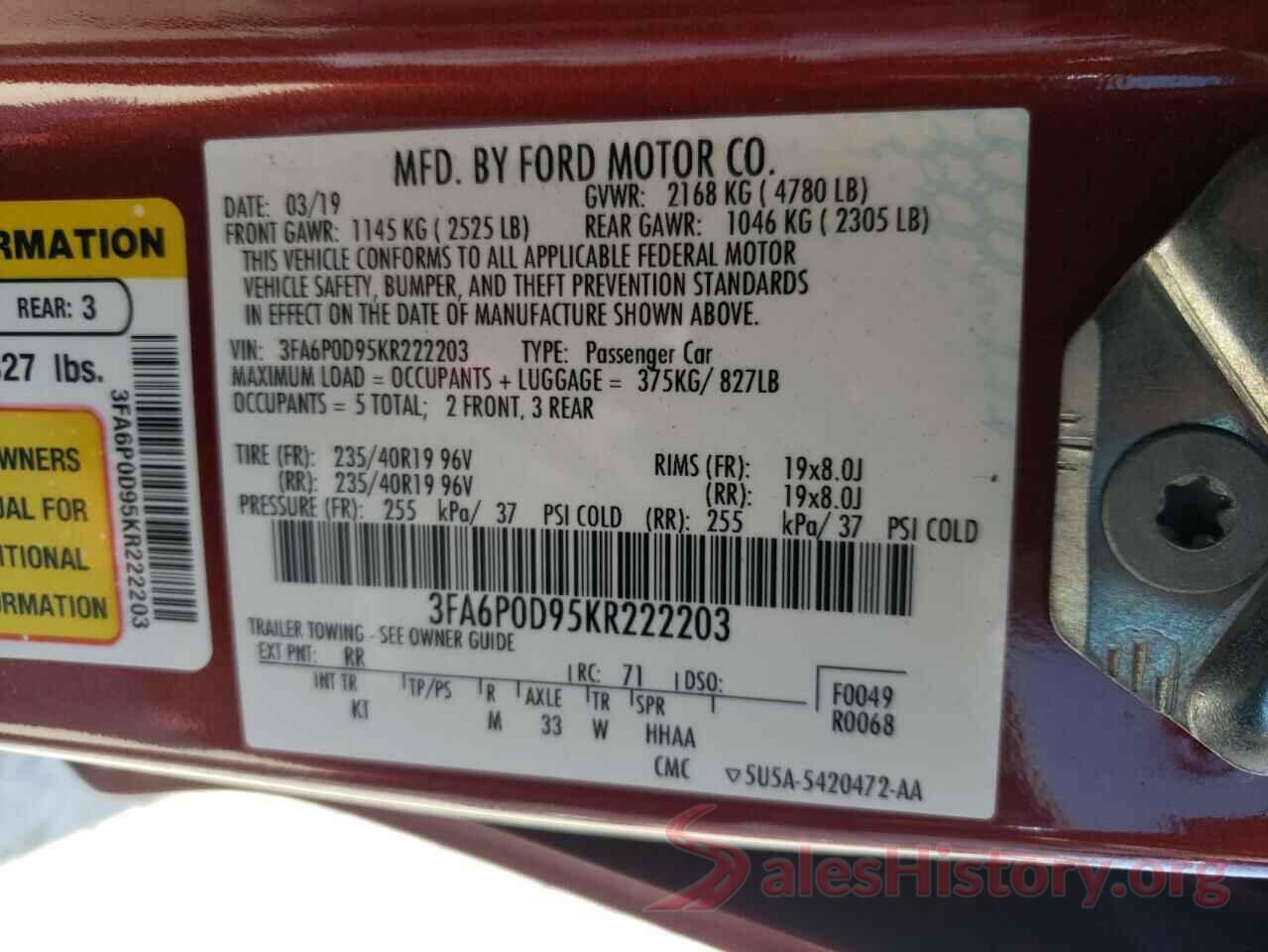 3FA6P0D95KR222203 2019 FORD FUSION