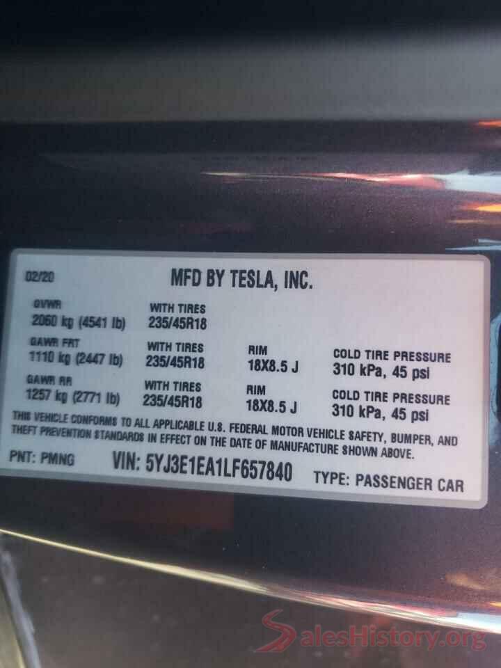 5YJ3E1EA1LF657840 2020 TESLA MODEL 3