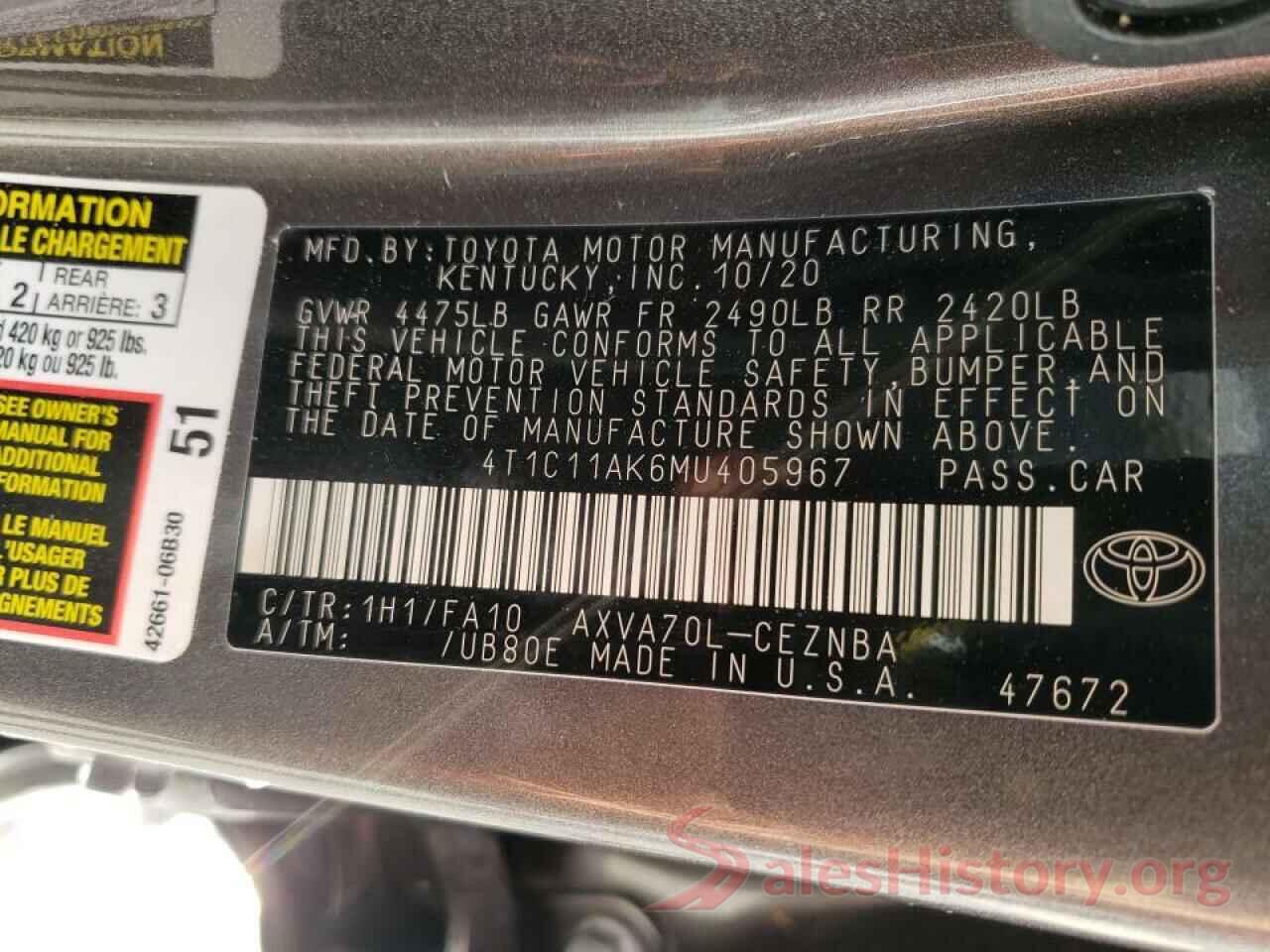 4T1C11AK6MU405967 2021 TOYOTA CAMRY