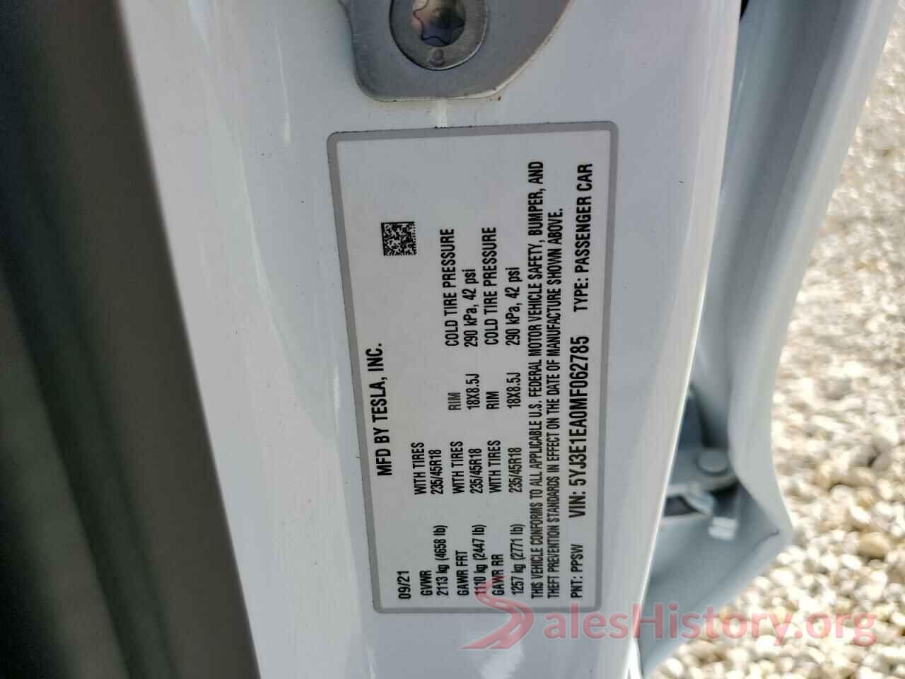 5YJ3E1EA0MF062785 2021 TESLA MODEL 3