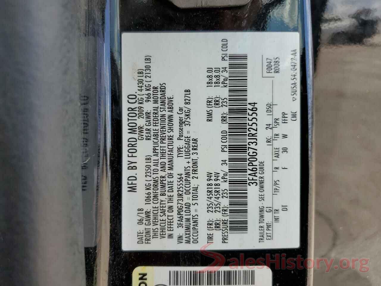 3FA6P0G73JR255564 2018 FORD FUSION