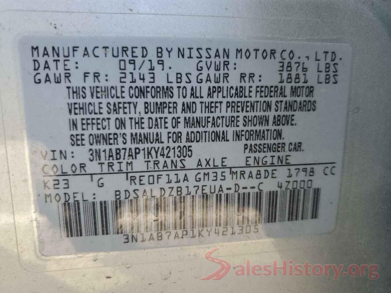 3N1AB7AP1KY421305 2019 NISSAN SENTRA