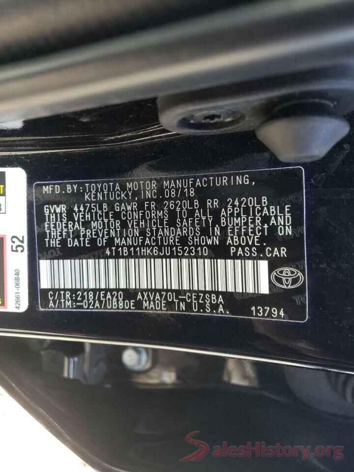 4T1B11HK6JU152310 2018 TOYOTA CAMRY