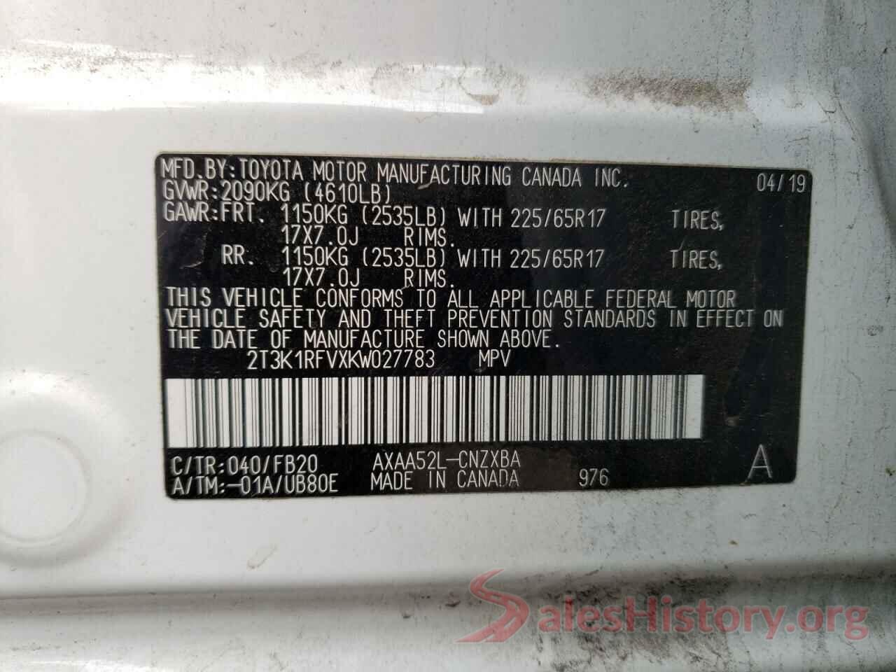 2T3K1RFVXKW027783 2019 TOYOTA RAV4