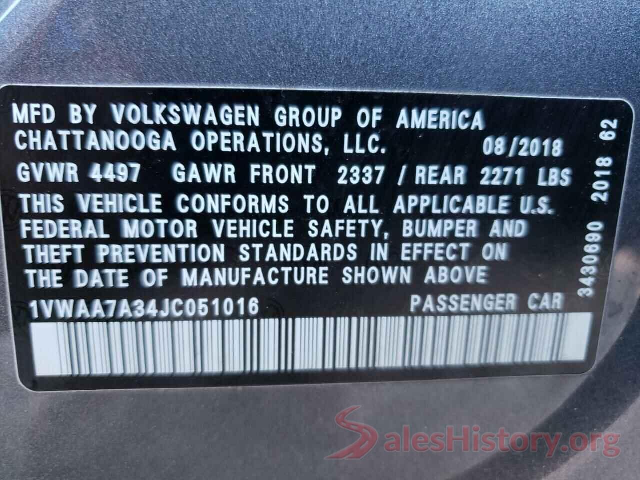 1VWAA7A34JC051016 2018 VOLKSWAGEN PASSAT