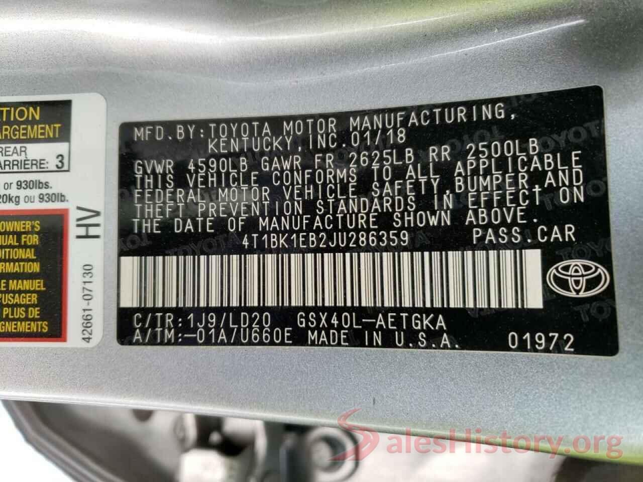 4T1BK1EB2JU286359 2018 TOYOTA AVALON