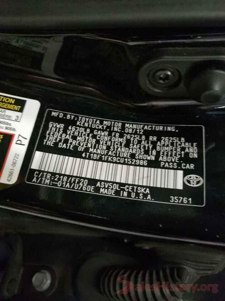 4T1BF1FK9CU152986 2012 TOYOTA CAMRY