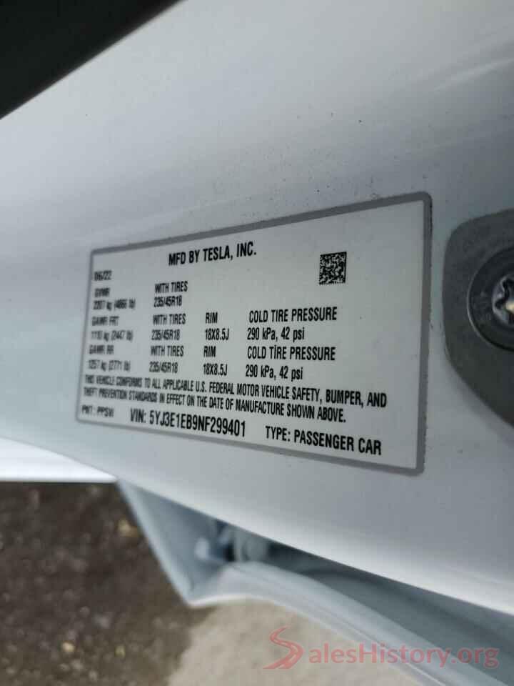 5YJ3E1EB9NF299401 2022 TESLA MODEL 3