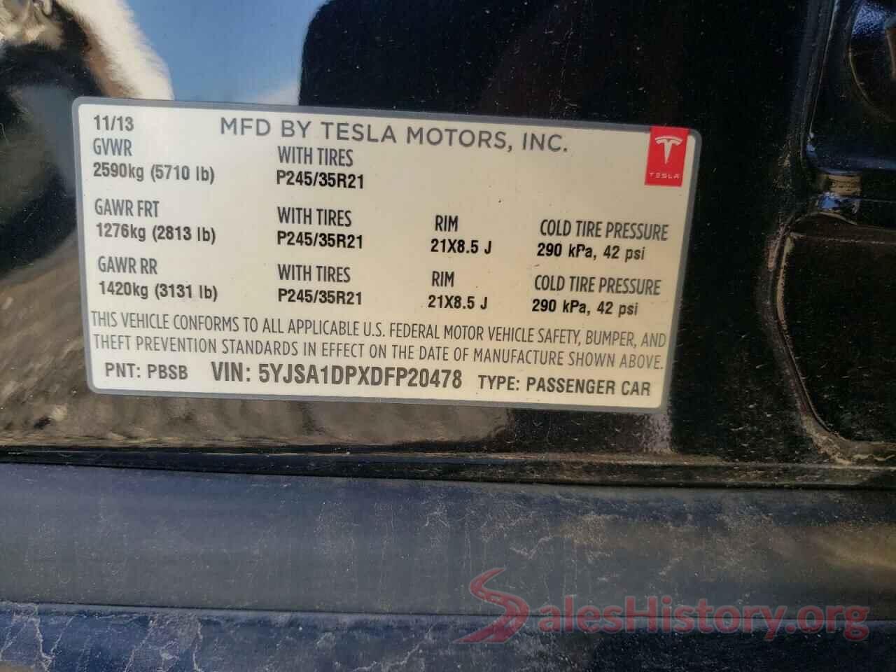 5YJSA1DPXDFP20478 2013 TESLA MODEL S