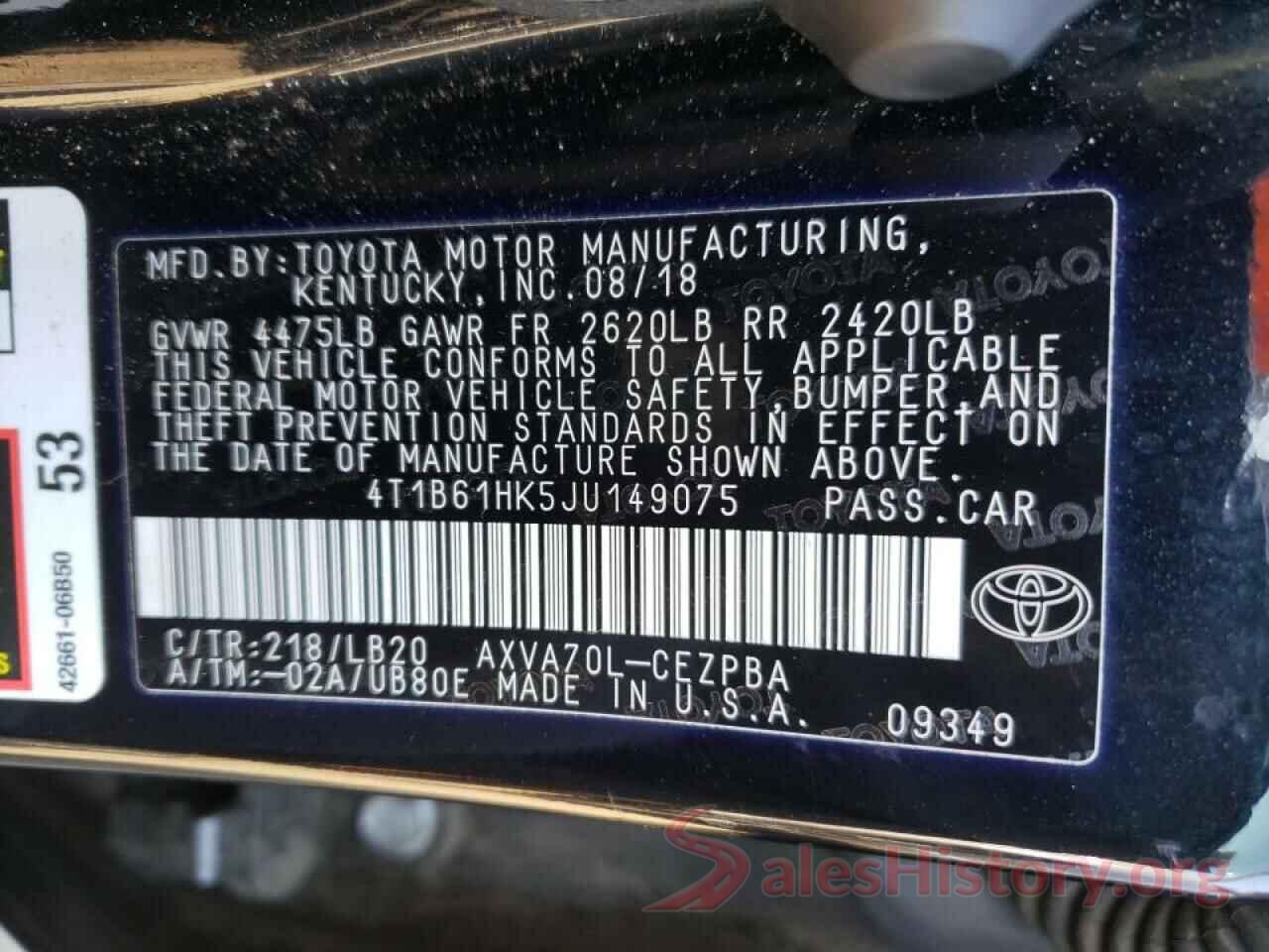 4T1B61HK5JU149075 2018 TOYOTA CAMRY