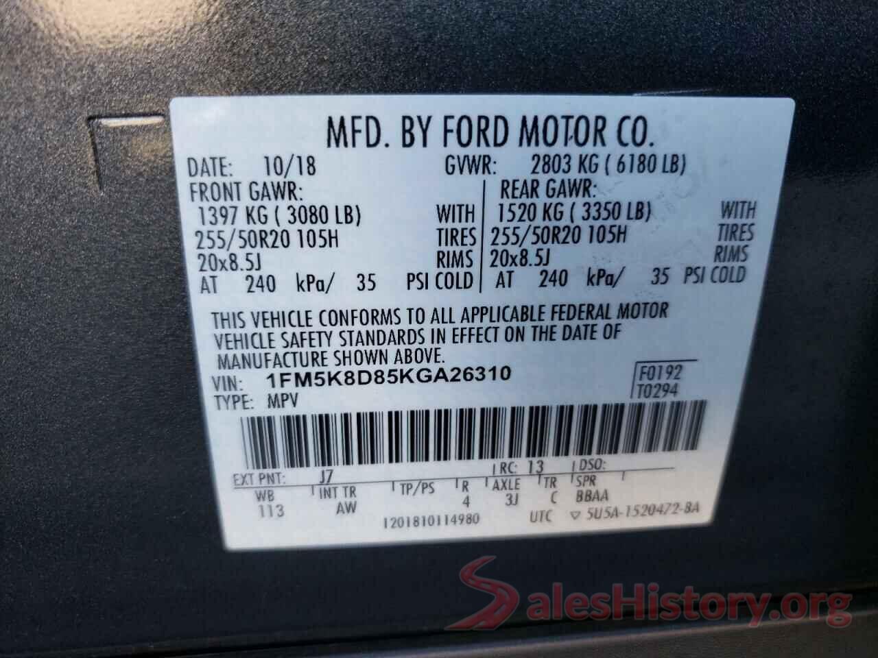 1FM5K8D85KGA26310 2019 FORD EXPLORER