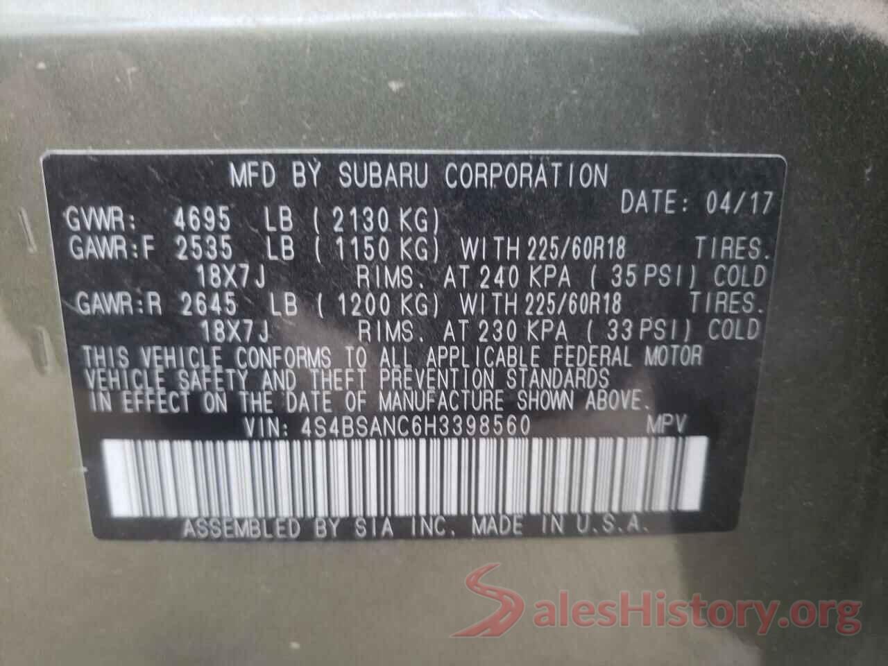 4S4BSANC6H3398560 2017 SUBARU OUTBACK