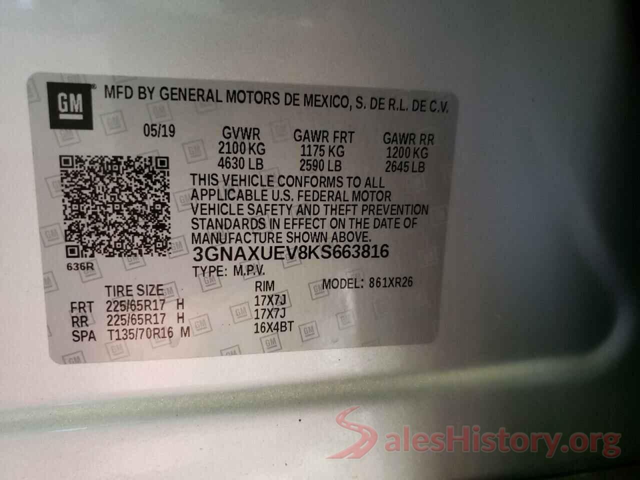 3GNAXUEV8KS663816 2019 CHEVROLET EQUINOX