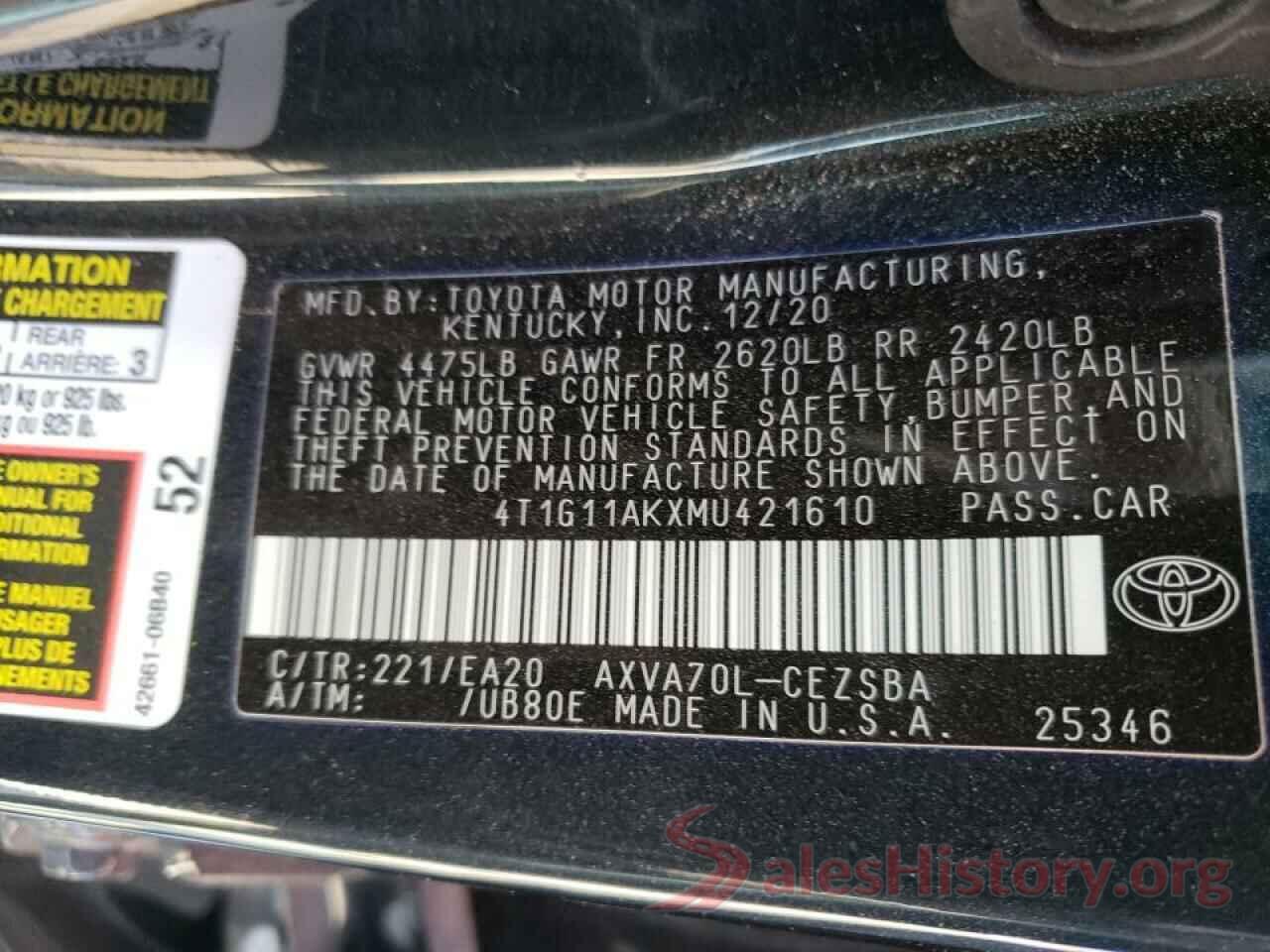 4T1G11AKXMU421610 2021 TOYOTA CAMRY