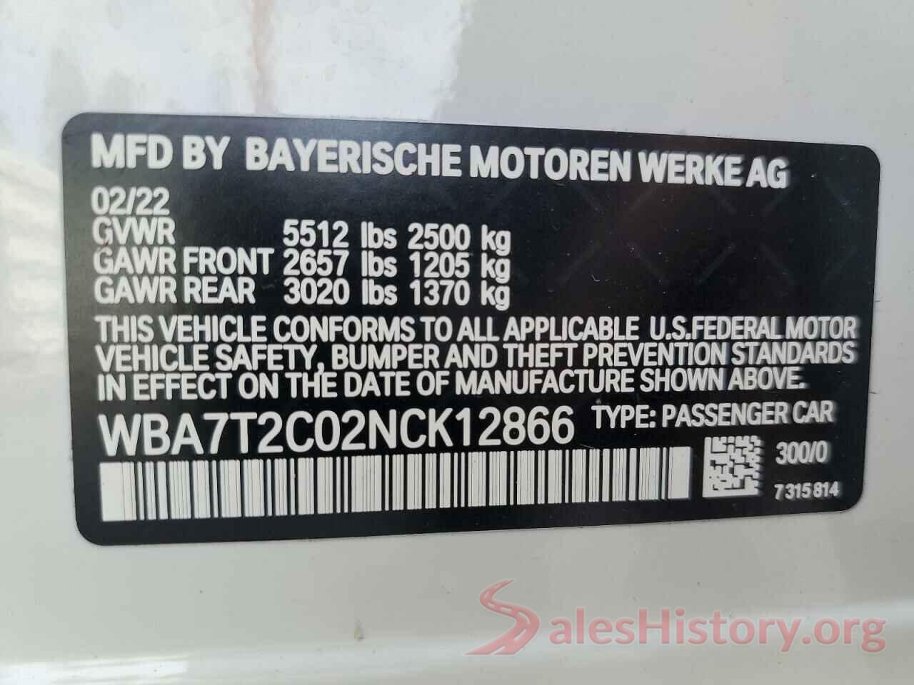 WBA7T2C02NCK12866 2022 BMW 7 SERIES