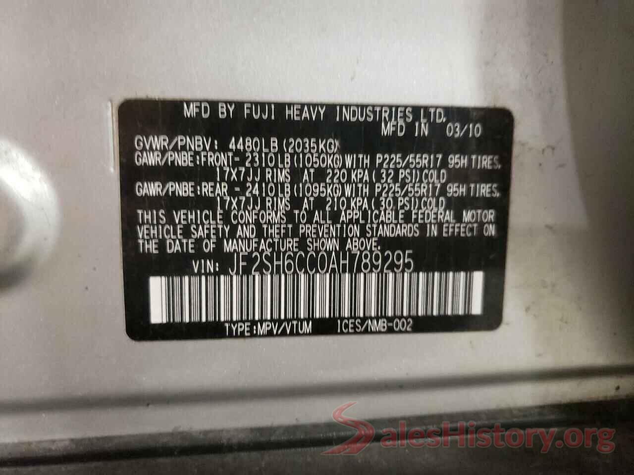 JF2SH6CC0AH789295 2010 SUBARU FORESTER