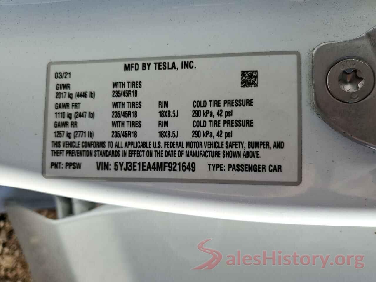 5YJ3E1EA4MF921649 2021 TESLA MODEL 3