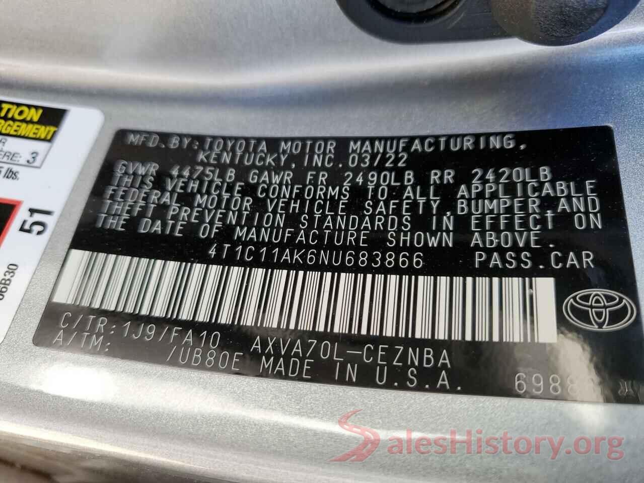 4T1C11AK6NU683866 2022 TOYOTA CAMRY