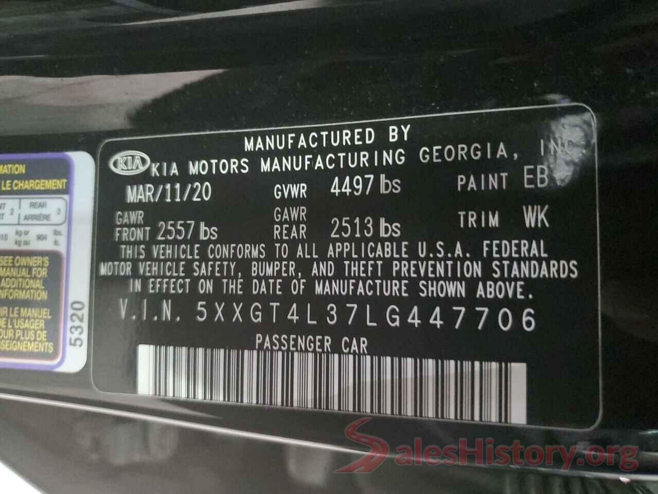 5XXGT4L37LG447706 2020 KIA OPTIMA