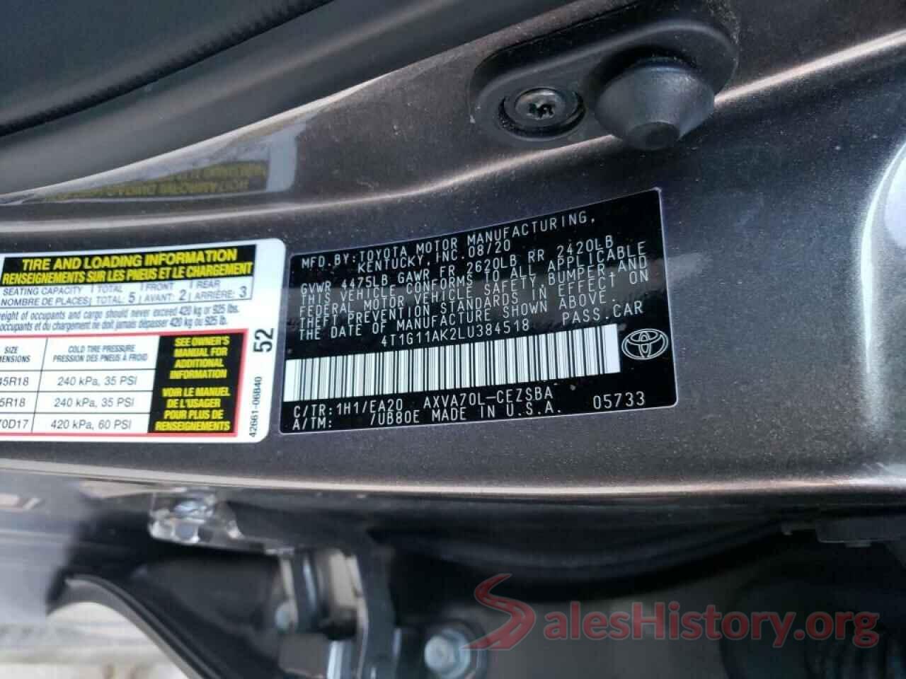 4T1G11AK2LU384518 2020 TOYOTA CAMRY