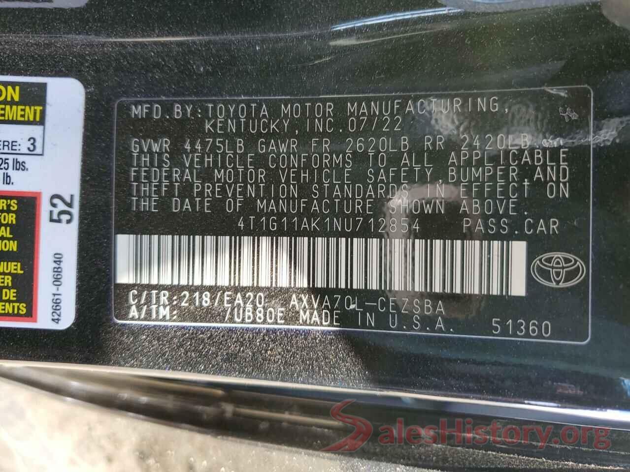 4T1G11AK1NU712854 2022 TOYOTA CAMRY