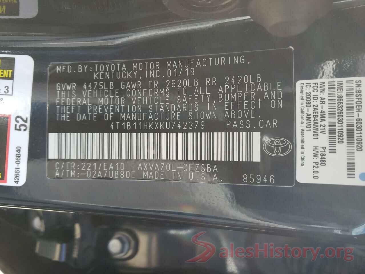 4T1B11HKXKU742379 2019 TOYOTA CAMRY