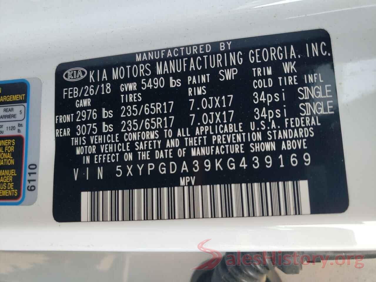 5XYPGDA39KG439169 2019 KIA SORENTO