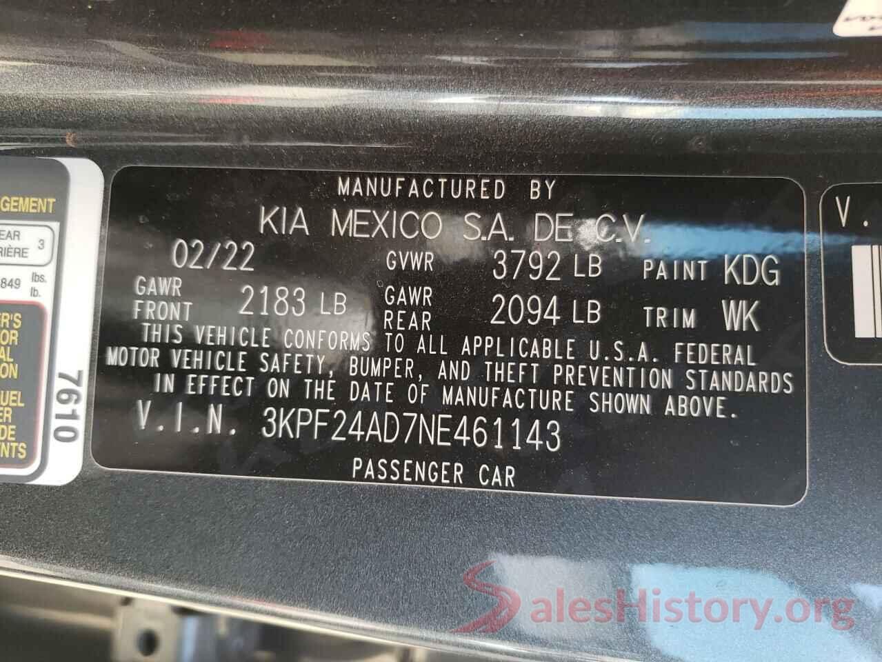 3KPF24AD7NE461143 2022 KIA FORTE