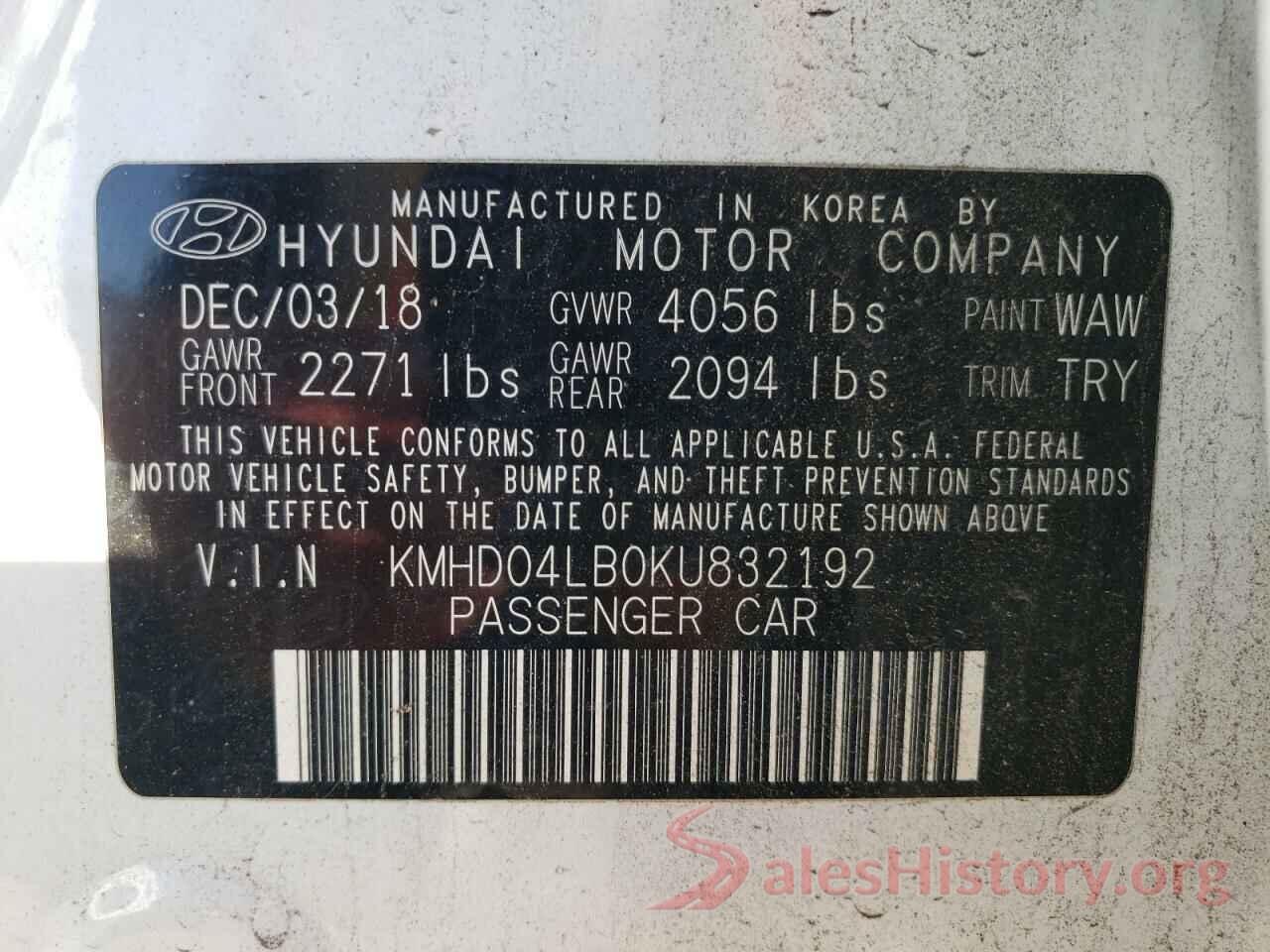 KMHD04LB0KU832192 2019 HYUNDAI ELANTRA