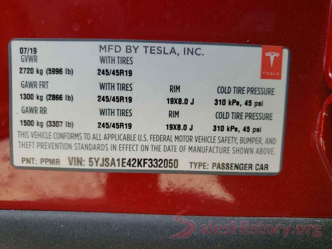 5YJSA1E42KF332050 2019 TESLA MODEL S