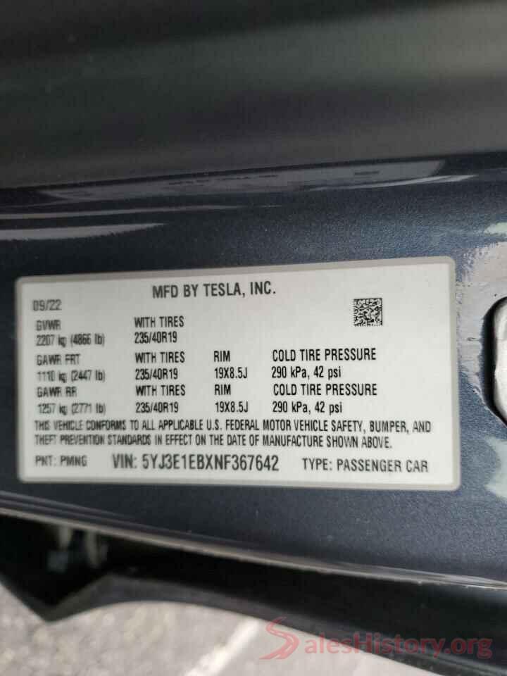 5YJ3E1EBXNF367642 2022 TESLA MODEL 3