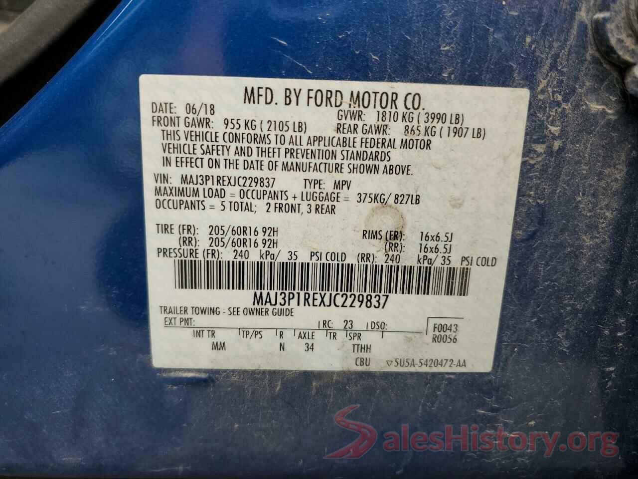 MAJ3P1REXJC229837 2018 FORD ECOSPORT