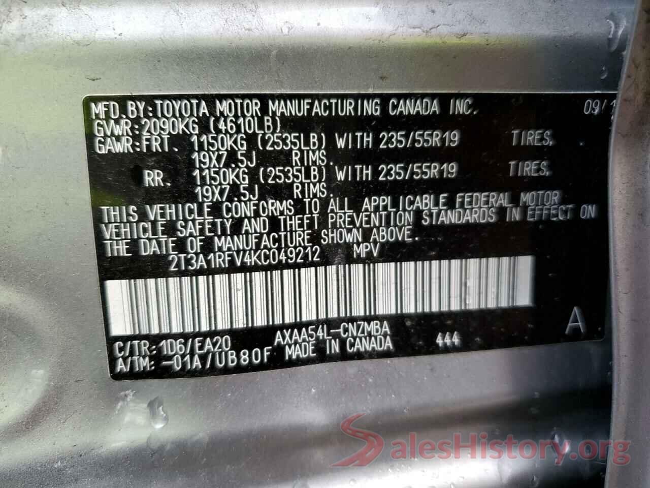 2T3A1RFV4KC049212 2019 TOYOTA RAV4