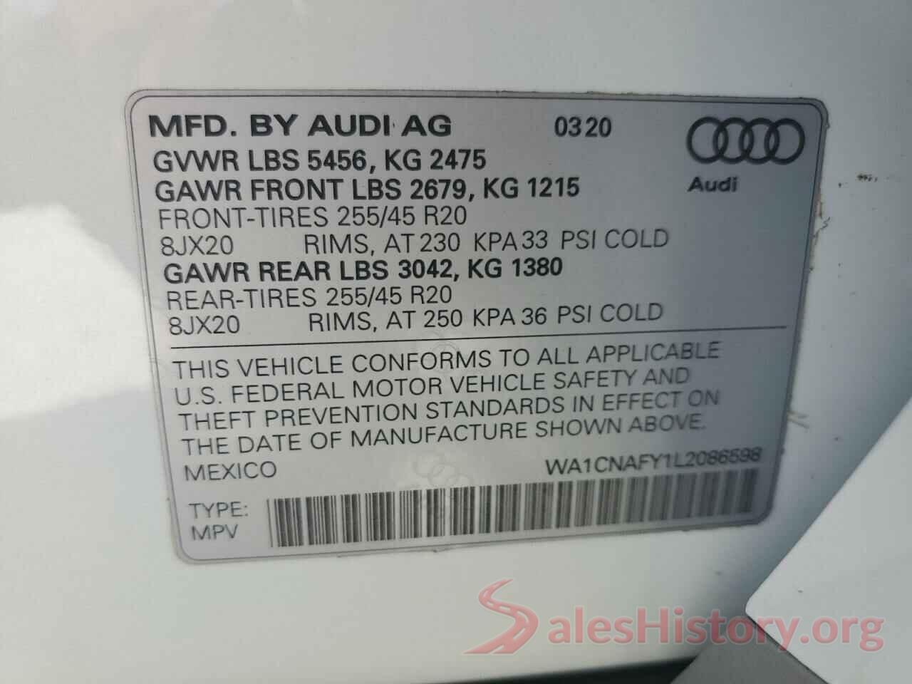 WA1CNAFY1L2086598 2020 AUDI Q5