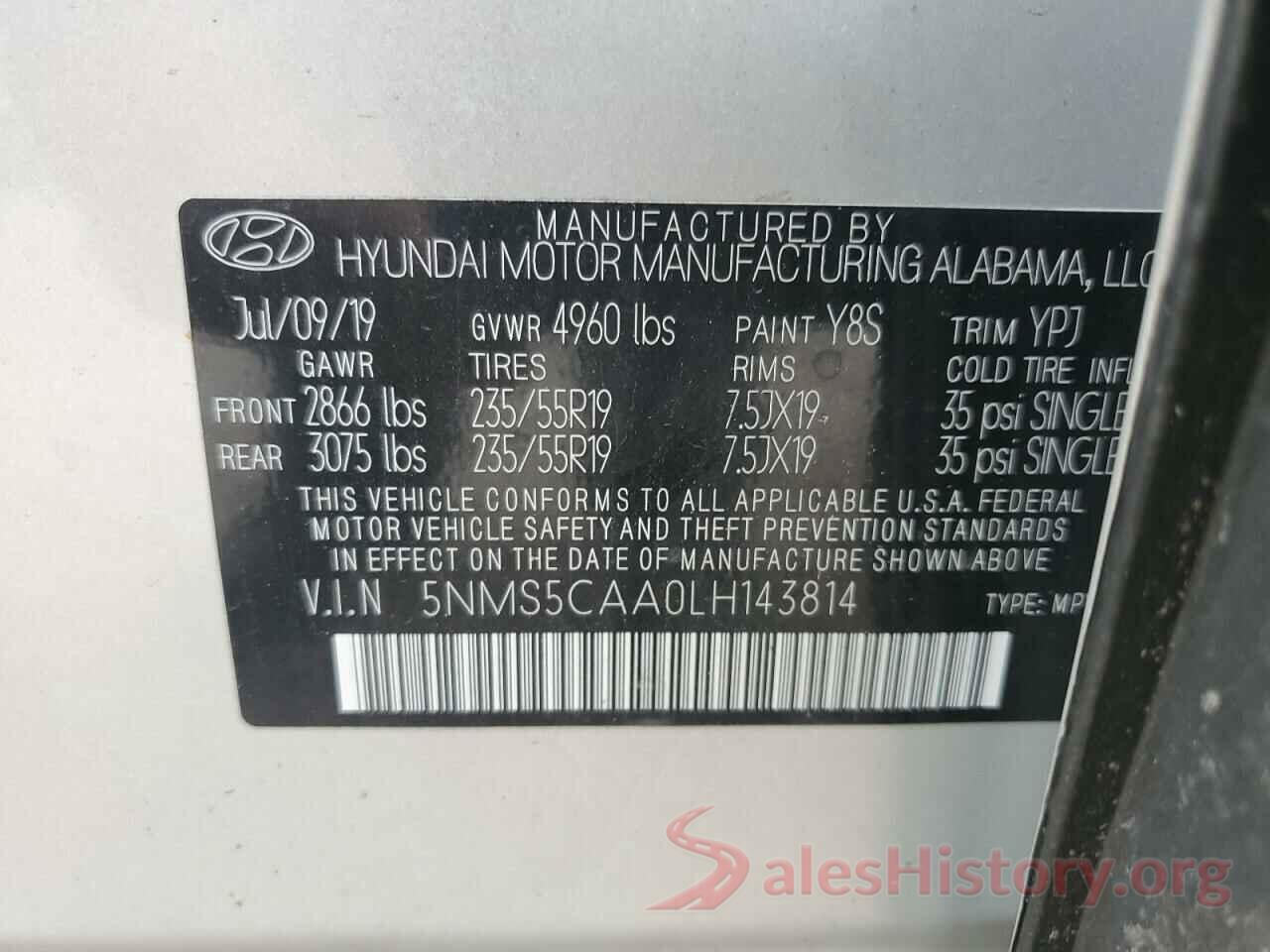 5NMS5CAA0LH143814 2020 HYUNDAI SANTA FE