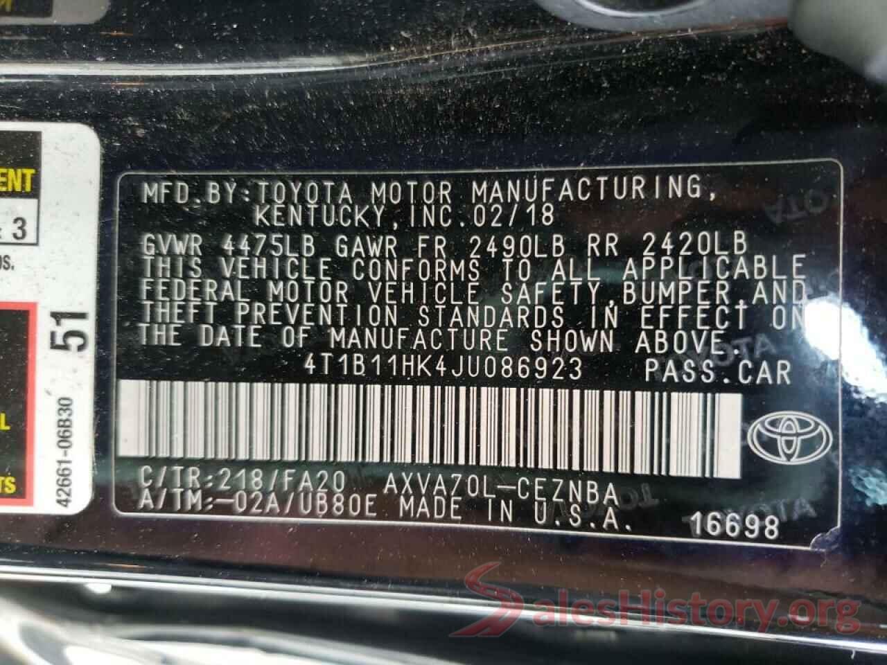 4T1B11HK4JU086923 2018 TOYOTA CAMRY