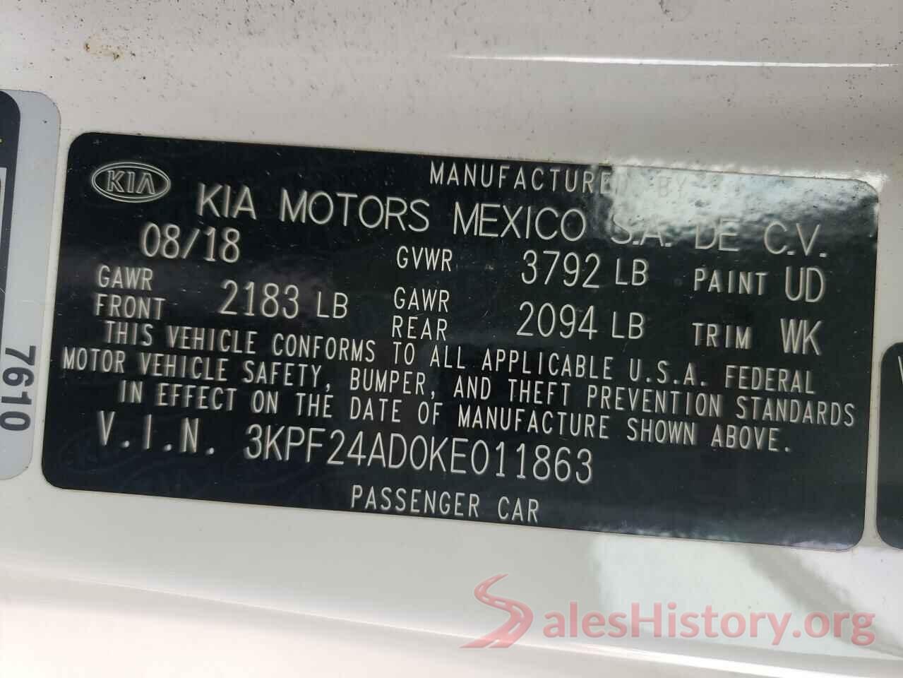 3KPF24AD0KE011863 2019 KIA FORTE