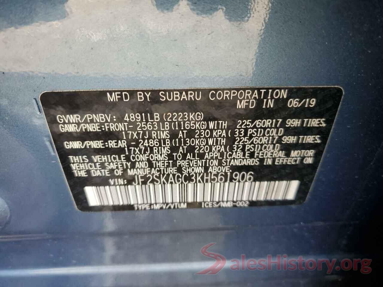 JF2SKAGC3KH561906 2019 SUBARU FORESTER