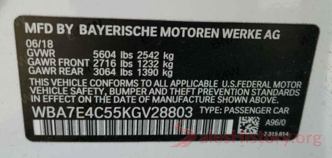 WBA7E4C55KGV28803 2019 BMW 7 SERIES