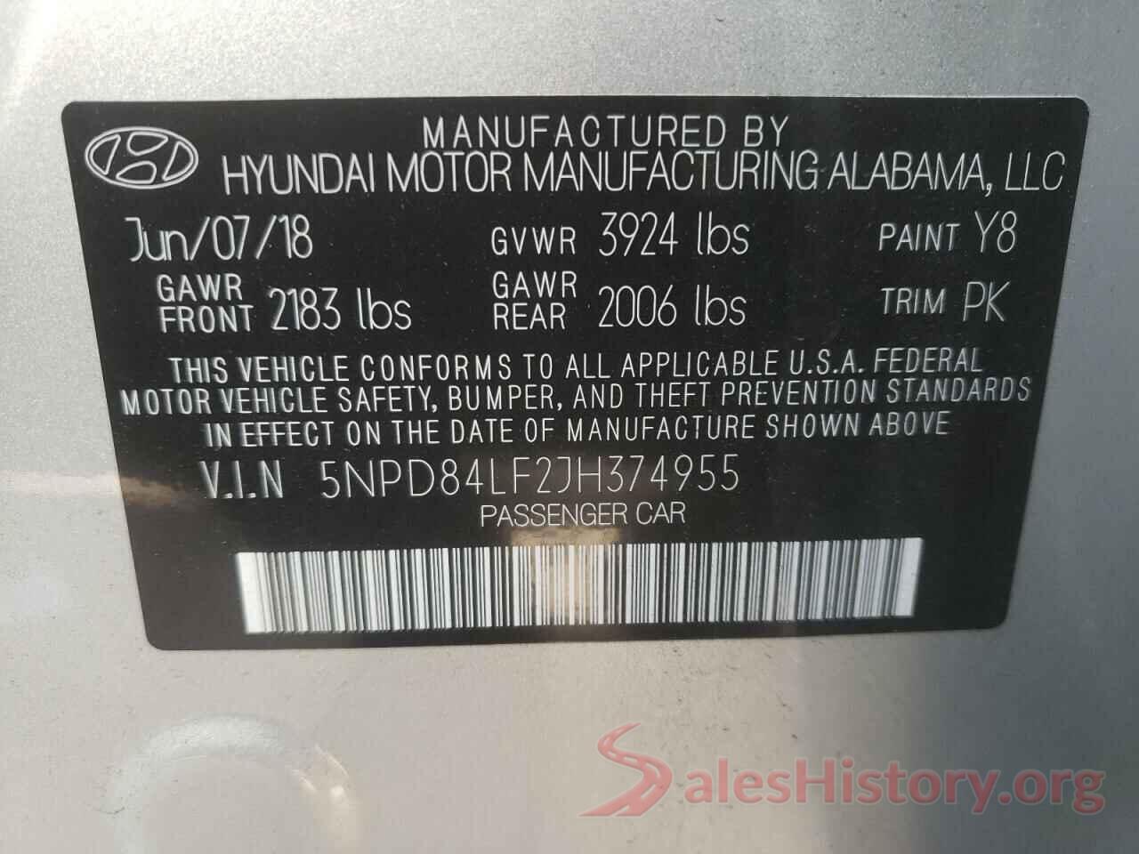 5NPD84LF2JH374955 2018 HYUNDAI ELANTRA