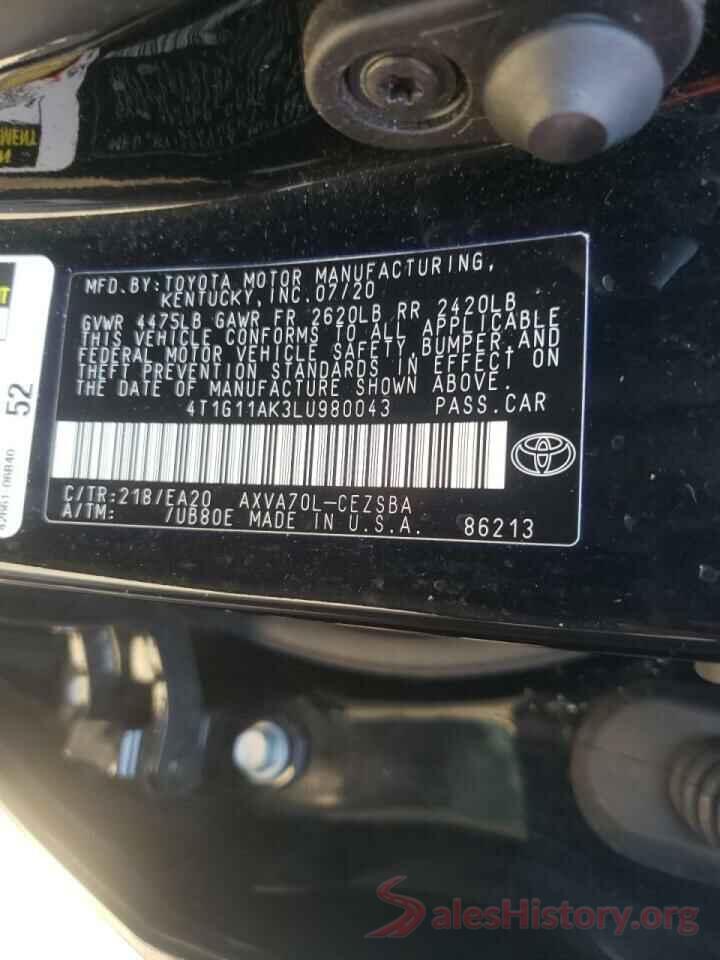 4T1G11AK3LU980043 2020 TOYOTA CAMRY