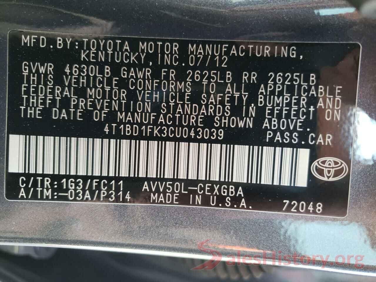 4T1BD1FK3CU043039 2012 TOYOTA CAMRY