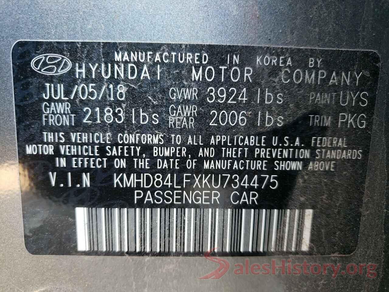 KMHD84LFXKU734475 2019 HYUNDAI ELANTRA