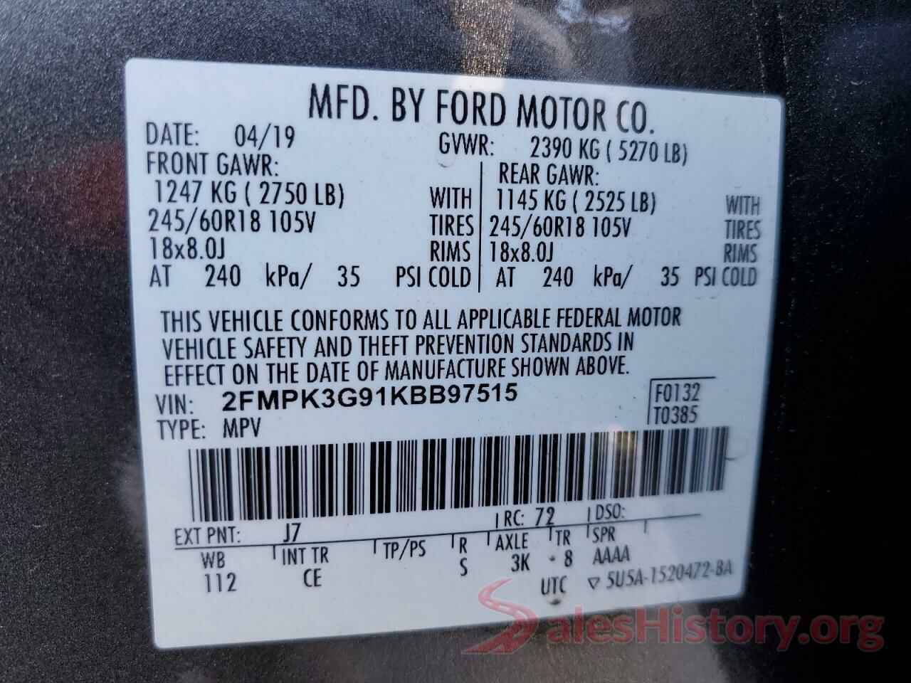 2FMPK3G91KBB97515 2019 FORD EDGE