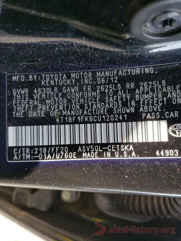 4T1BF1FK8CU120241 2012 TOYOTA CAMRY