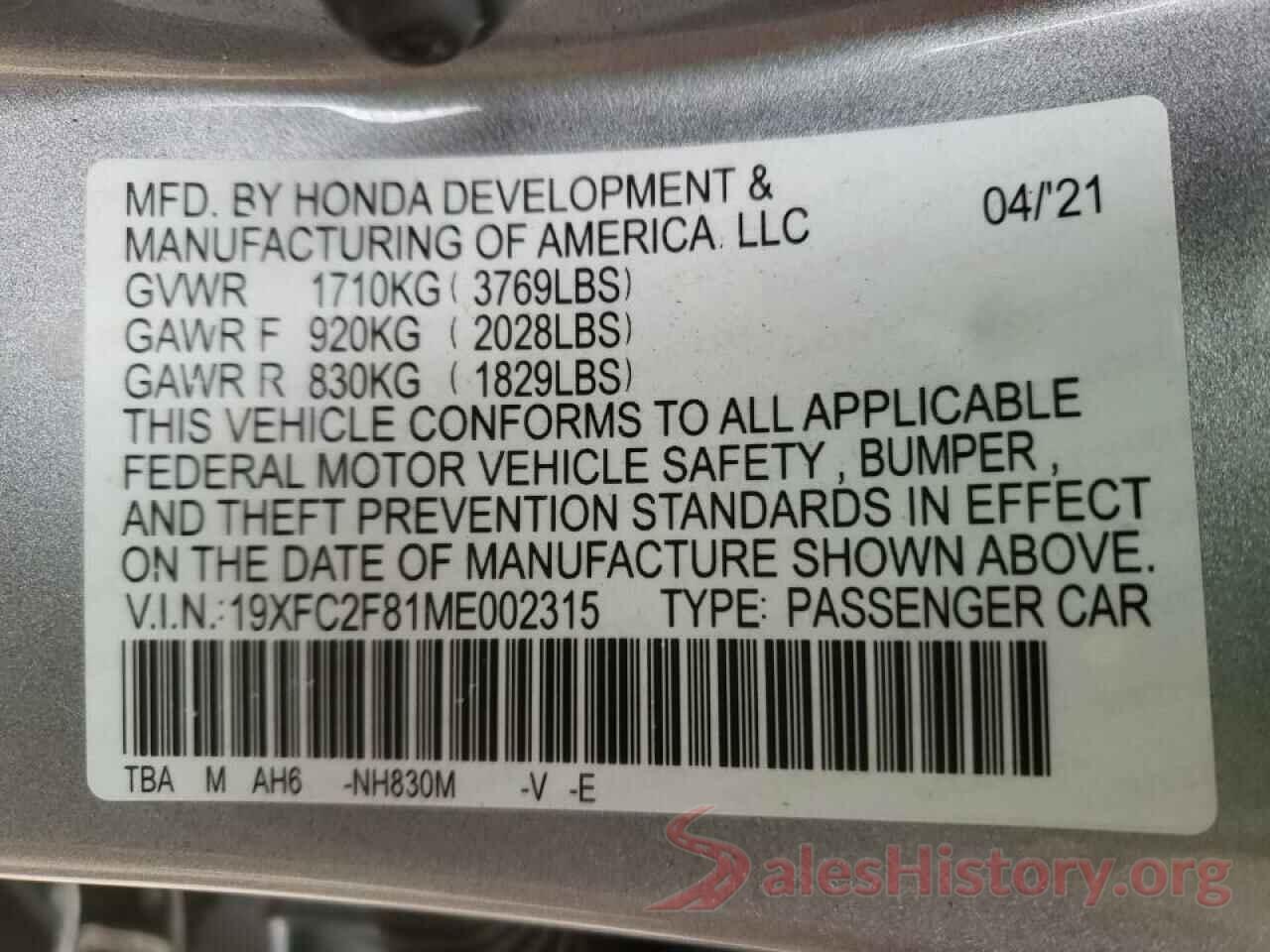 19XFC2F81ME002315 2021 HONDA CIVIC